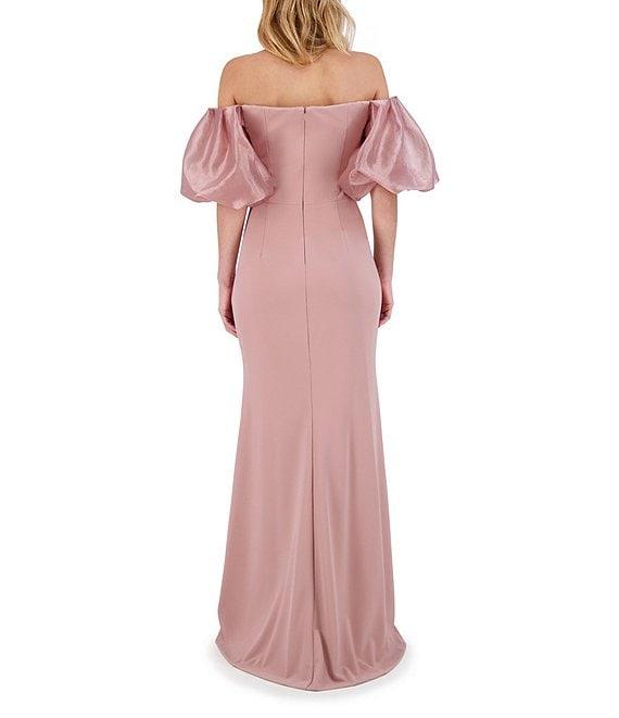 Eliza J Scuba Crepe Off-The-Shoulder Neck Organza Short Puff Sleeve Gown Product Image