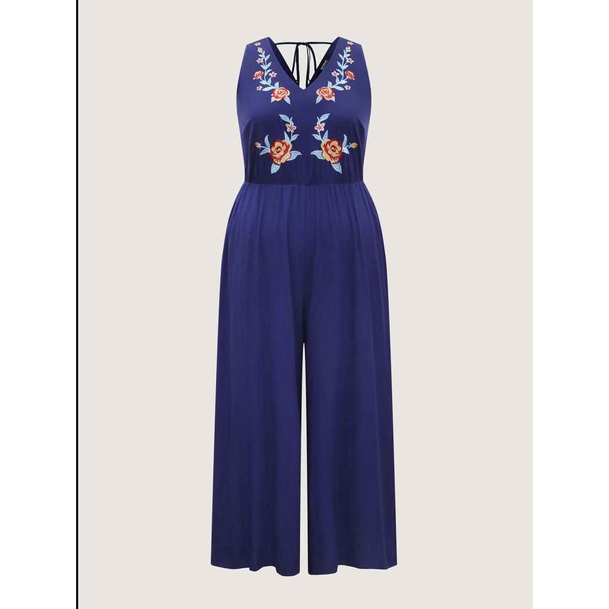 Plus Size Indigo Rayon Floral Embroidery Stretchy Waist Jumpsuit Women Boho Sleeveless V-neck Vacation Loose Jumpsuits BloomChic 28/5X Product Image