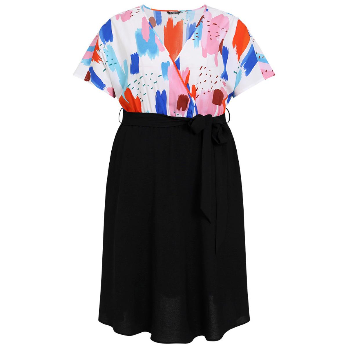 Plus Size Brush Print Surplice Neck Belted Patchwork Flutter Dress Black Women Office Wrap V-neck Short sleeve Curvy Midi Dress BloomChic 28/5X Product Image