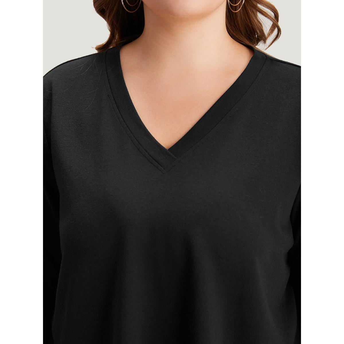 Plus Size Plain V Neck Back Half Zip Sweatshirt Women Black Casual Plain V-neck Dailywear Sweatshirts BloomChic 10/M Product Image