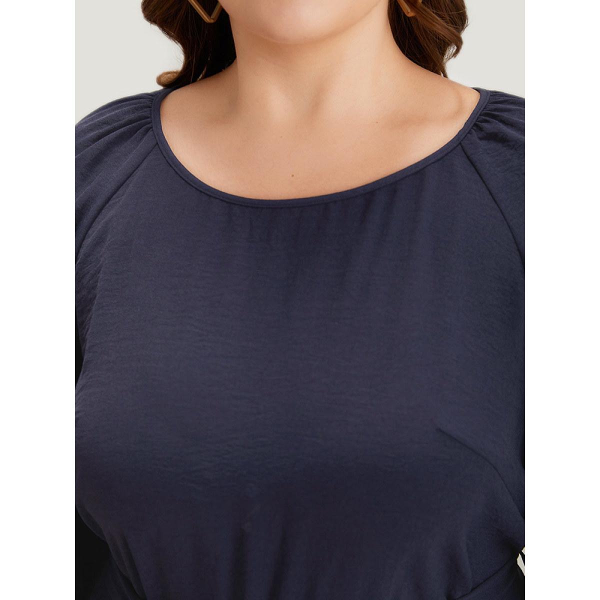 Plus Size Colorblock Contrast Metal Detail Lantern Sleeve Dress Midnight Women Casual Gathered Round Neck Elbow-length sleeve Curvy Midi Dress BloomChic 12/L Product Image