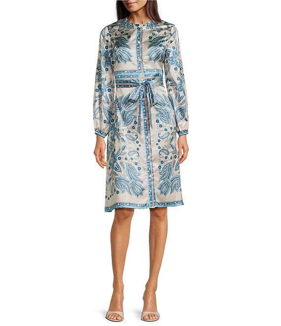 Terani Couture Round Neck Long Sleeve Printed Satin Shirtdress Product Image