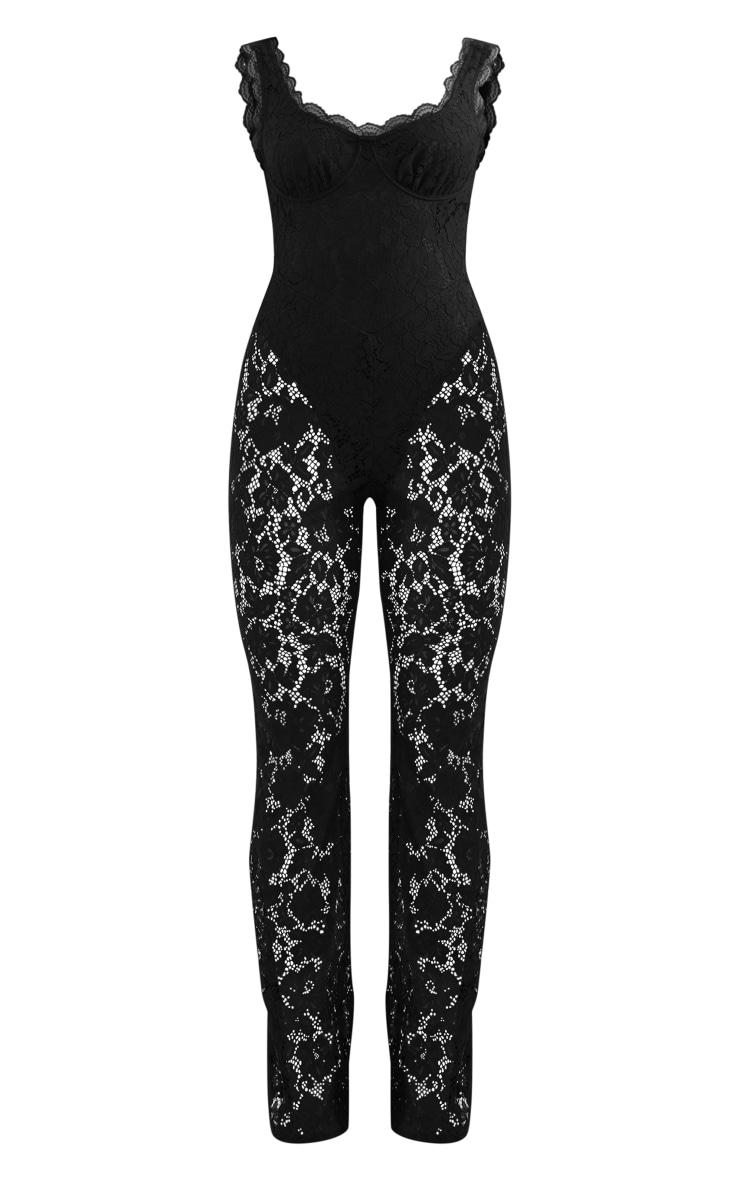 Black Lace Boning Detail Strappy Flared Jumpsuit Product Image