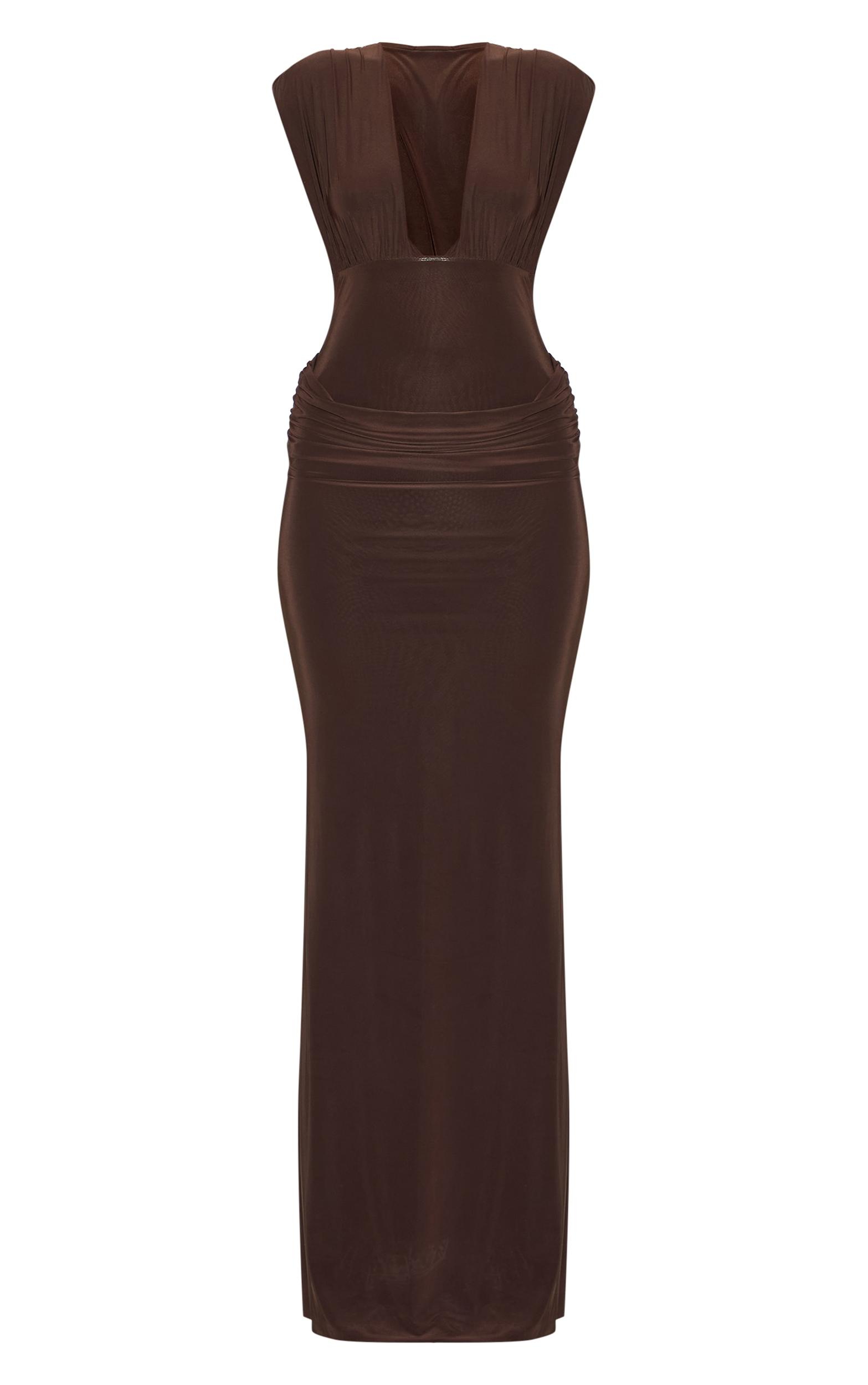 Chocolate Brown Double Layer Plunge Ruched Shoulder Drape Waist Maxi Dress Product Image