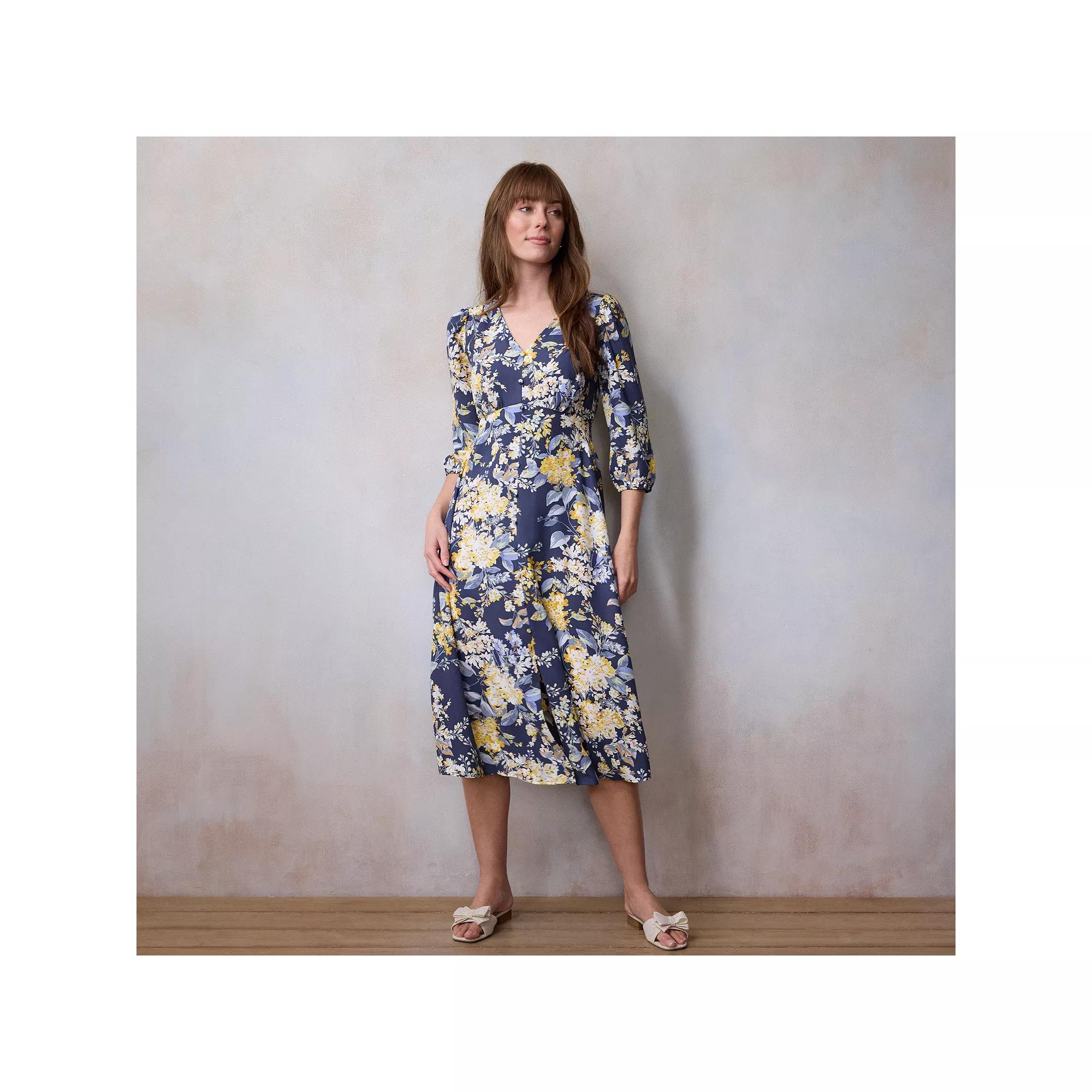 Women's LC Lauren Conrad V-Neck Button Front Midi Dress, Size: XS, Blue Florabelles Product Image