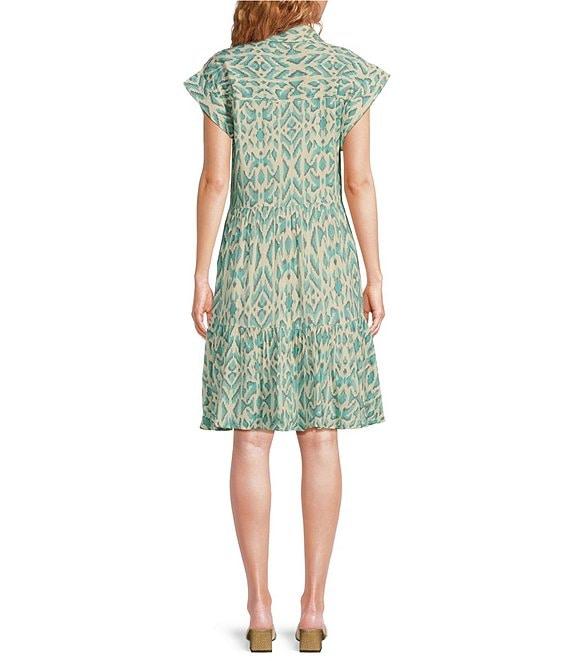 ELAN Printed Collared V-Neck Cuffed Cap Sleeve Button Front A-Line Dress Product Image