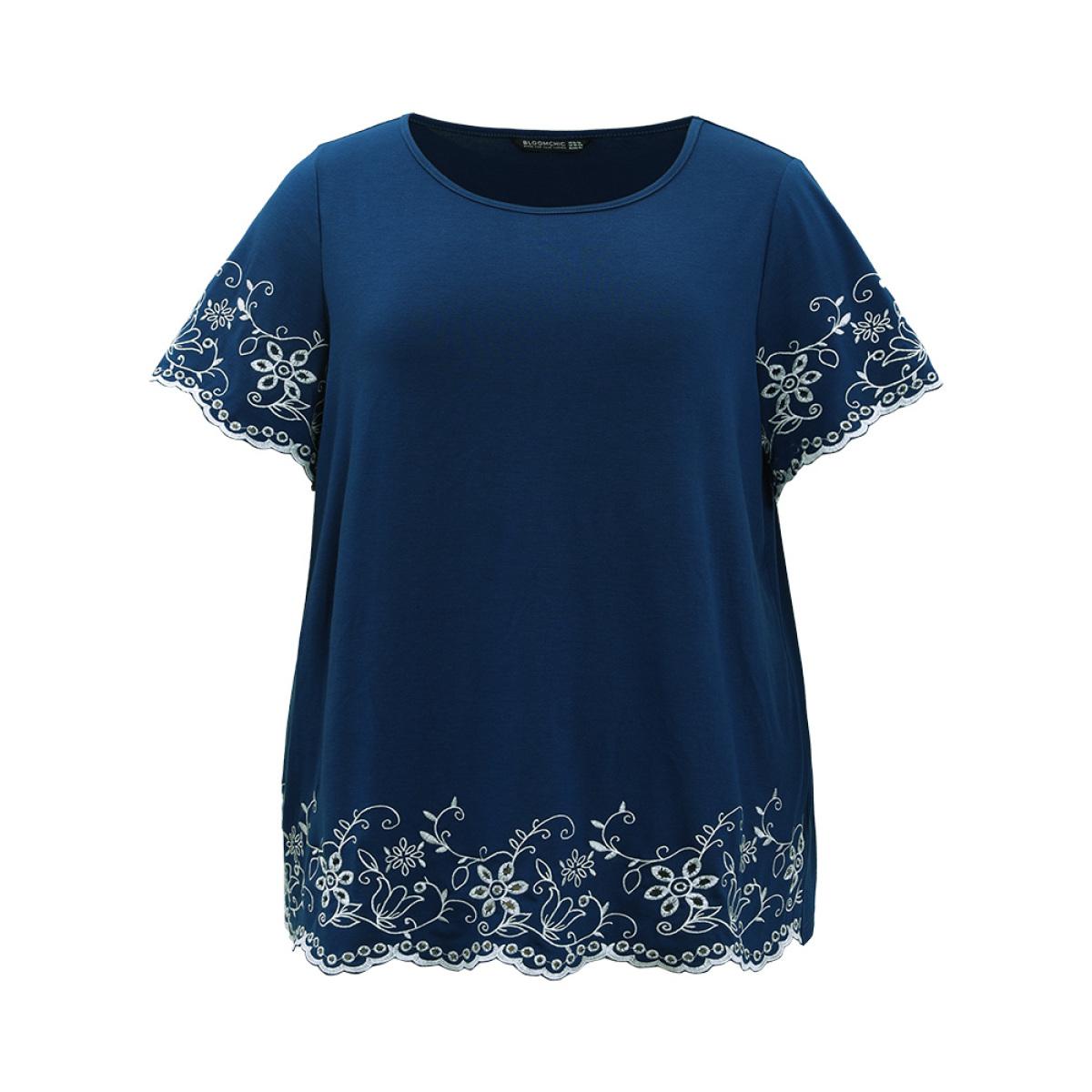 Plus Size Floral Broderie Anglaise Ruffle Sleeve T-shirt DarkBlue Women Elegant Broderie anglaise Floral Round Neck Dailywear T-shirts BloomChic 22-24/3X Product Image