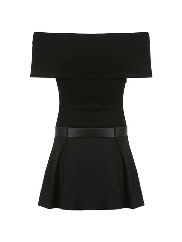 Off Shoulder Butterfly Belt Pleated Mini Dress Product Image