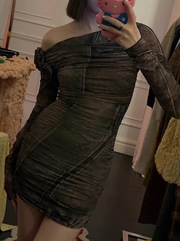 All Over Print Off Shoulder Flower Decor Ruched Mini Dress Product Image