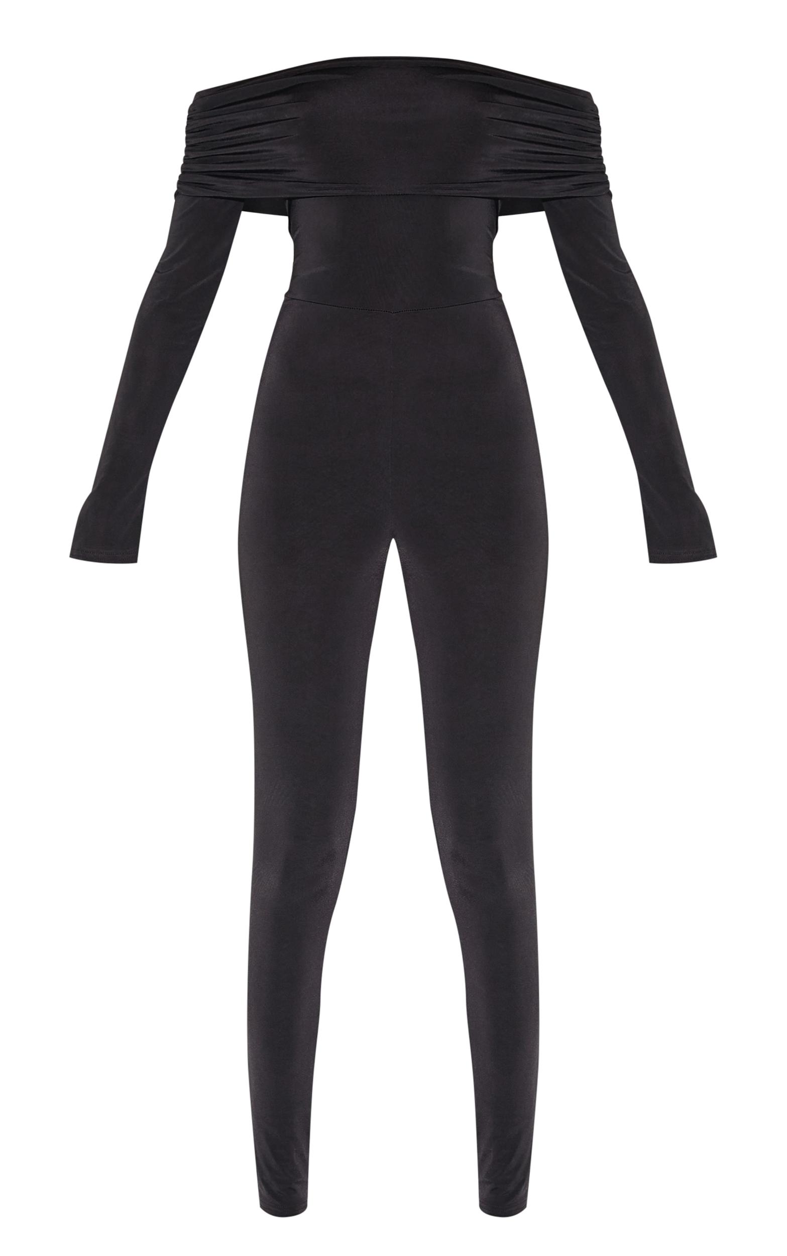 Black Double Layer Slinky Bardot Skinny Jumpsuit Product Image