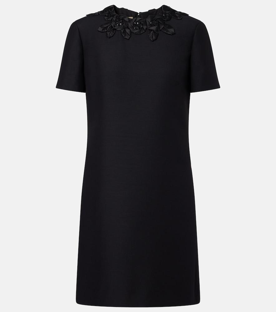 VALENTINO Embellished Silk-trimmed Wool And Silk-blend Crepe Mini Dress In Black Product Image