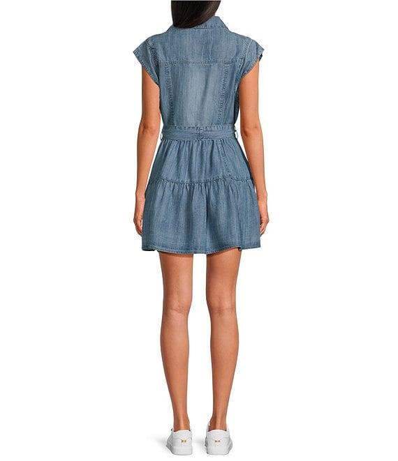 ELAN Point Collar Neck Cap Sleeve Belted Button Front Denim Shirt Dress Product Image