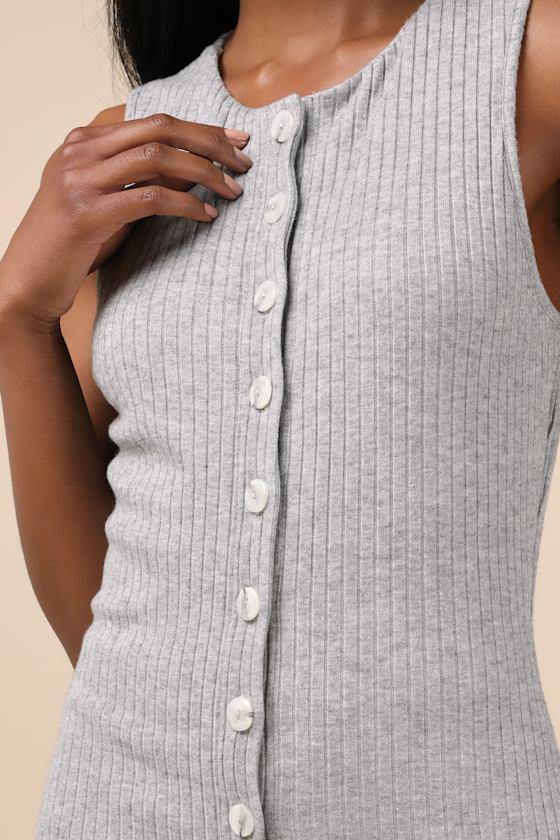 Raney Heather Grey Ribbed Knit Button-Up Tank Top Product Image