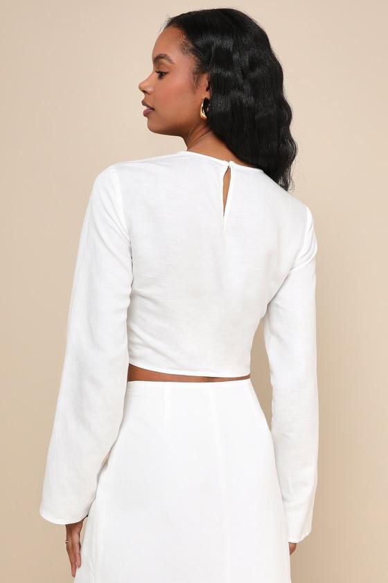 Effortless Vacay White Linen Long Sleeve Cropped O-Ring Top Product Image
