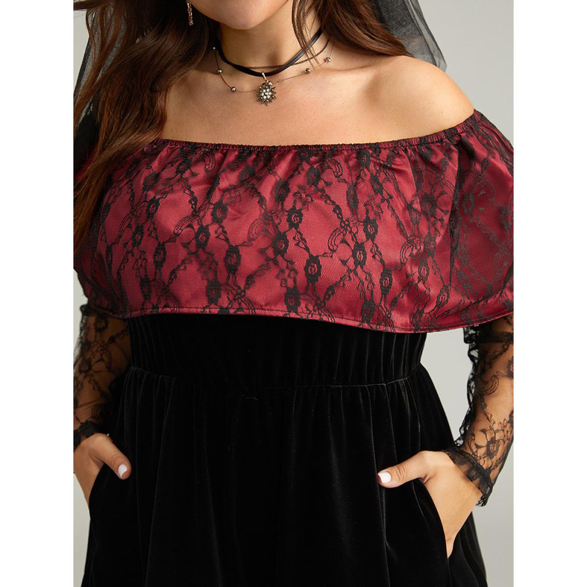 Plus Size Off Shoulder Lace Insert Mesh Layered Dress Black Women Elegant See through One-shoulder neck Long Sleeve Curvy Midi Dress BloomChic 18-20/2X Product Image