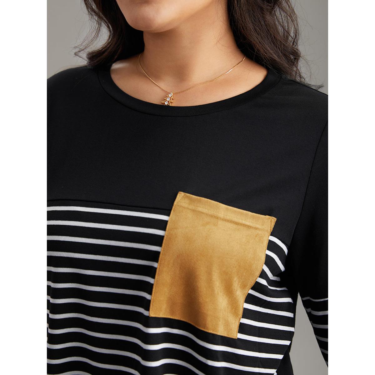 Plus Size Striped Contrast Patched Pocket Arc Hem T-shirt Black Women Casual Contrast Striped Round Neck Dailywear T-shirts BloomChic 14-16/1X Product Image