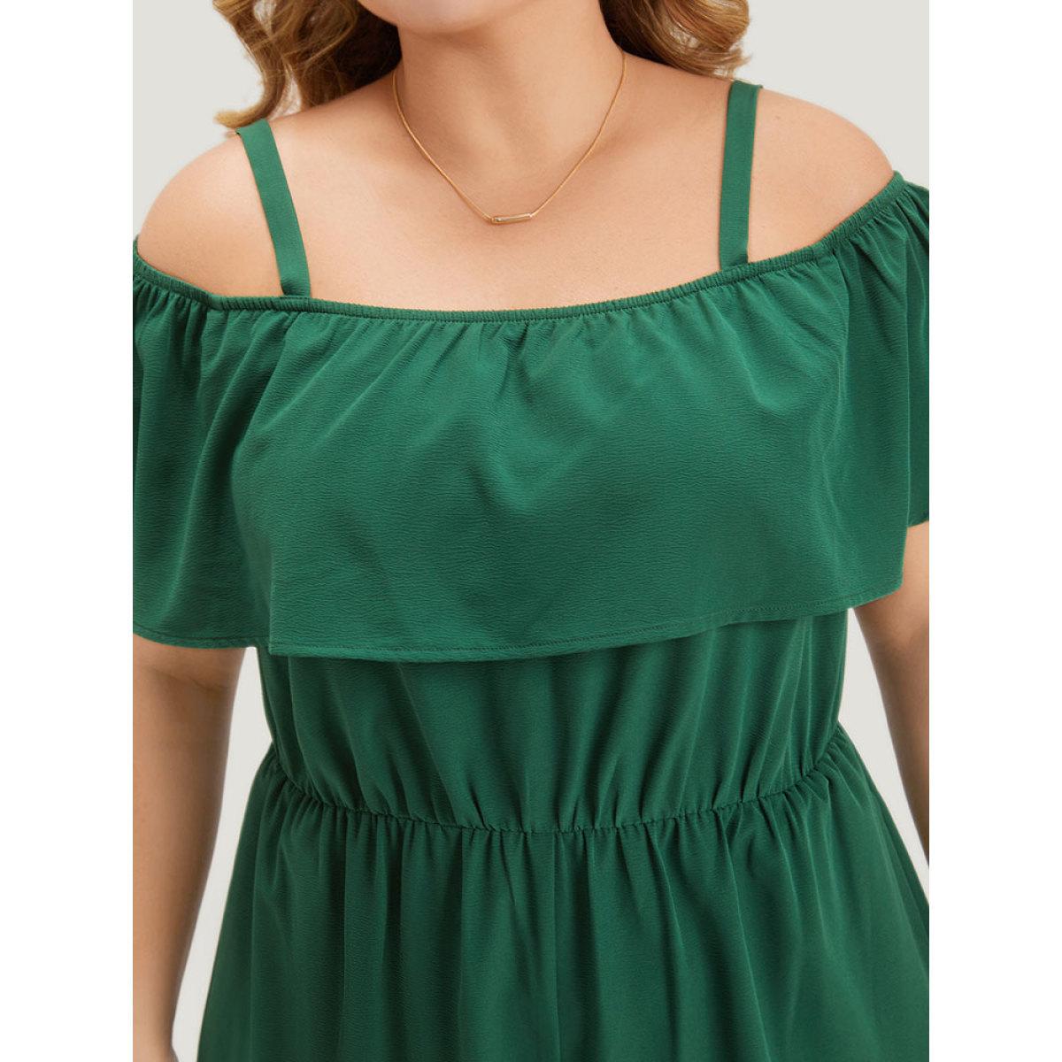 Plus Size Green Off Shoulder Ruffles Pocket Elastic Waist Cami Jumpsuit Women Elegant Half Sleeve One-shoulder neck Dailywear Loose Jumpsuits BloomChic 18-20/2X Product Image