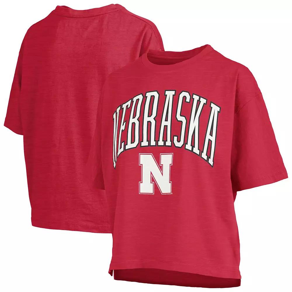Women's Pressbox Scarlet Nebraska Huskers Nelson Arch Over Logo Waist Length Oversized Slub T-Shirt, Size: Large, Red Product Image