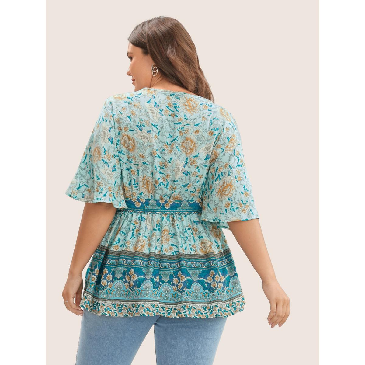 Plus Size Turquoise Floral Print Ruffles Belted Blouse Women Boho Half Sleeve V-neck Vacation Blouses BloomChic 10/M Product Image
