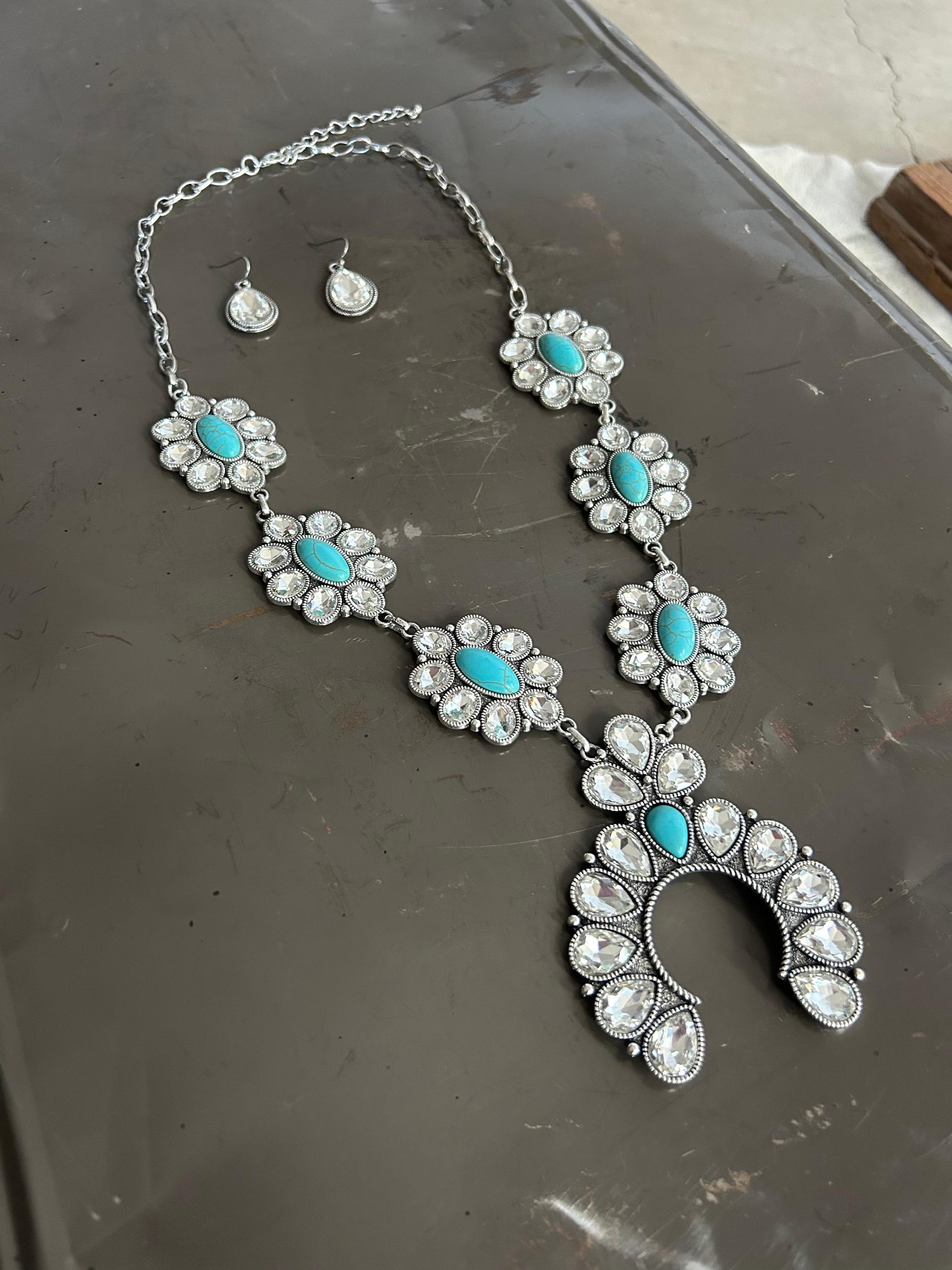 Rhinestone and Turquoise Stone Big Squash Necklace Product Image
