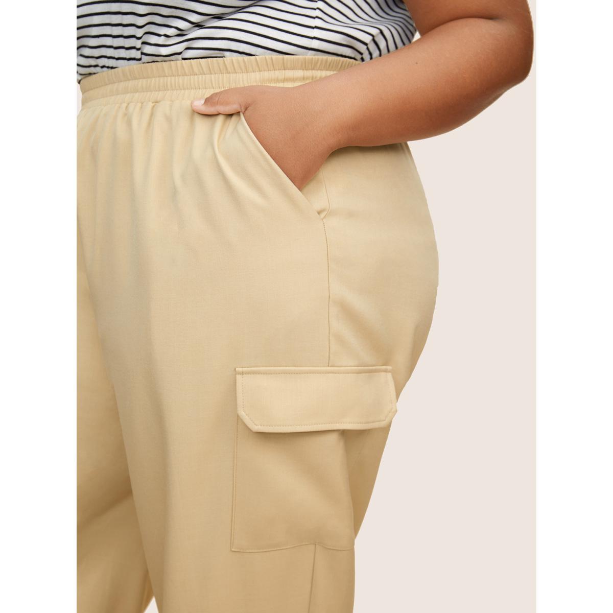 Plus Size Patched Pocket Elastic Waist Tapered Pants Women Tan Casual Harem High Rise Everyday Pants BloomChic 14-16/1X Product Image