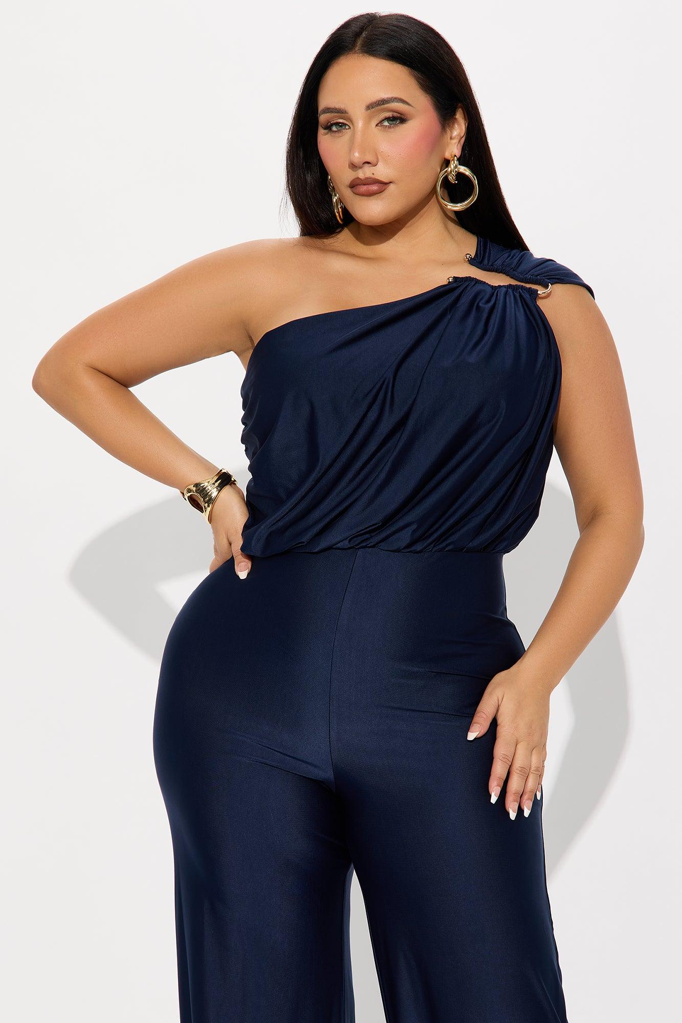 Marisol Wide Leg One Shoulder Jumpsuit - Navy Product Image