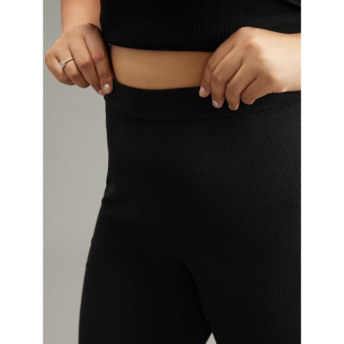 Plus Size Plain Rib Knit Flare Leg Legging Women Black Casual High stretch Flare Leg High Rise Dailywear Leggings BloomChic 26/4X Product Image