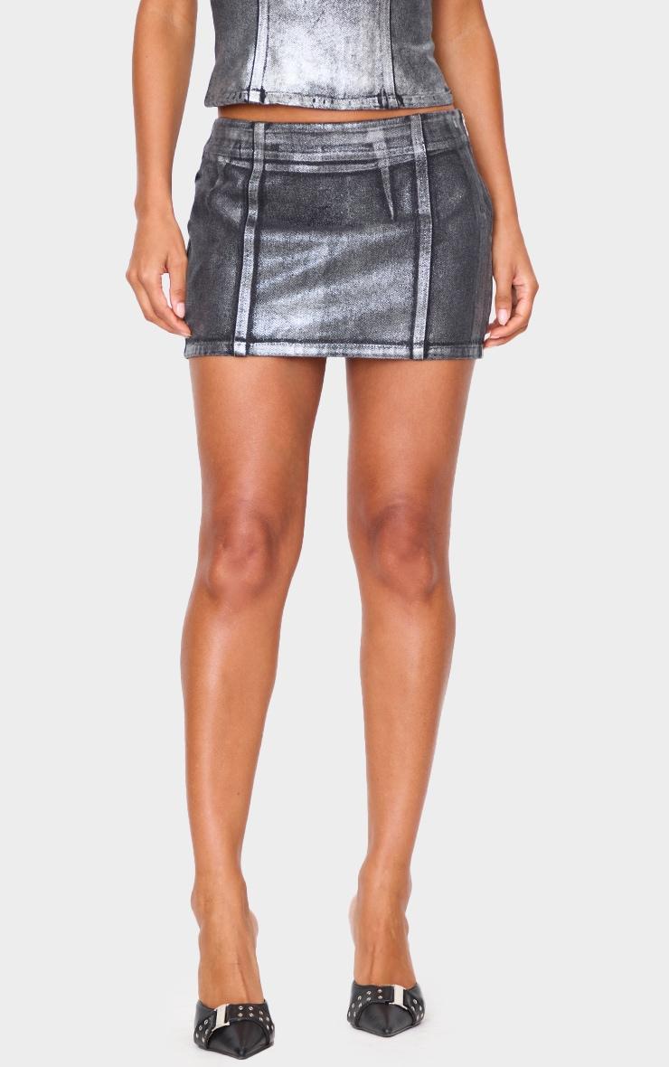 Black Silver Metallic Foil Effect Denim Mini Skirt Product Image