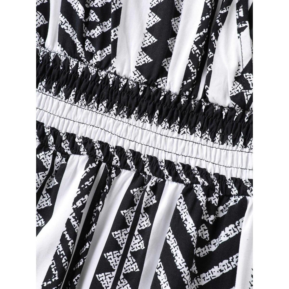 Plus Size Geometric Stripe Shirred Cami Midi Dress WhiteSmoke Women Slit V-neck Sleeveless Curvy BloomChic 10/M Product Image