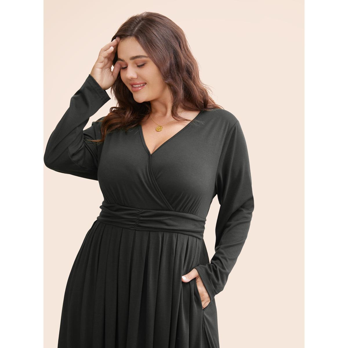 Plus Size Supersoft Essentials Ruched Wrap Pleated Hem Dress DimGray Women Casual Non Overlap Collar Long Sleeve Curvy Midi Dress BloomChic 26/4X Product Image
