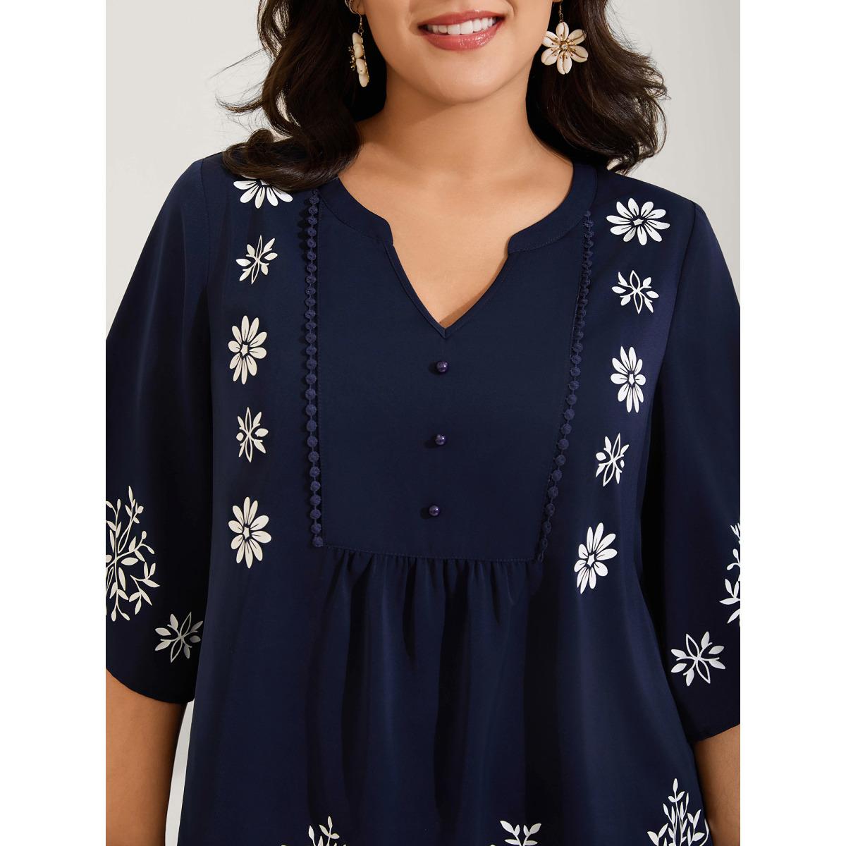 Plus Size DarkBlue Floral Print Button Detail Solid Blouse Women Boho Elbow-length sleeve Flat collar with V-notch Vacation Blouses BloomChic 28/5X Product Image