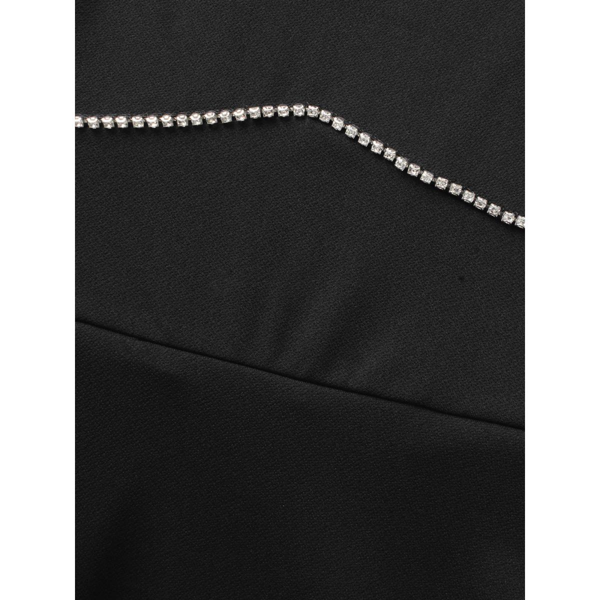 Plus Size Square Neck Shirred Rhinestone Midi Dress Black Women Cocktail Rhinestone detailing Party Curvy Bloomchic 30/6X Product Image