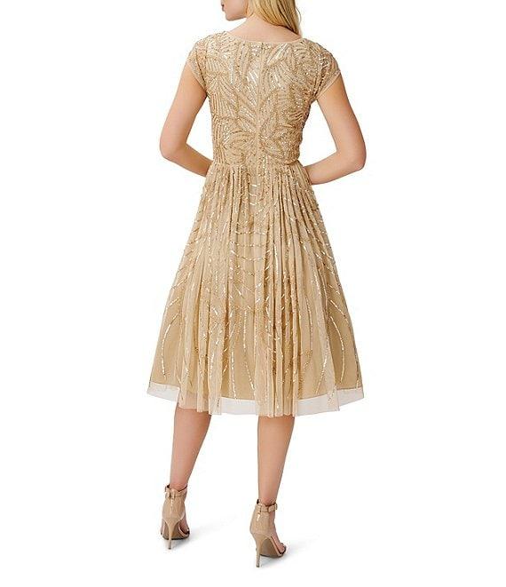Aidan Mattox V-Neck Cap Sleeve Beaded Pleated Midi Dress Product Image