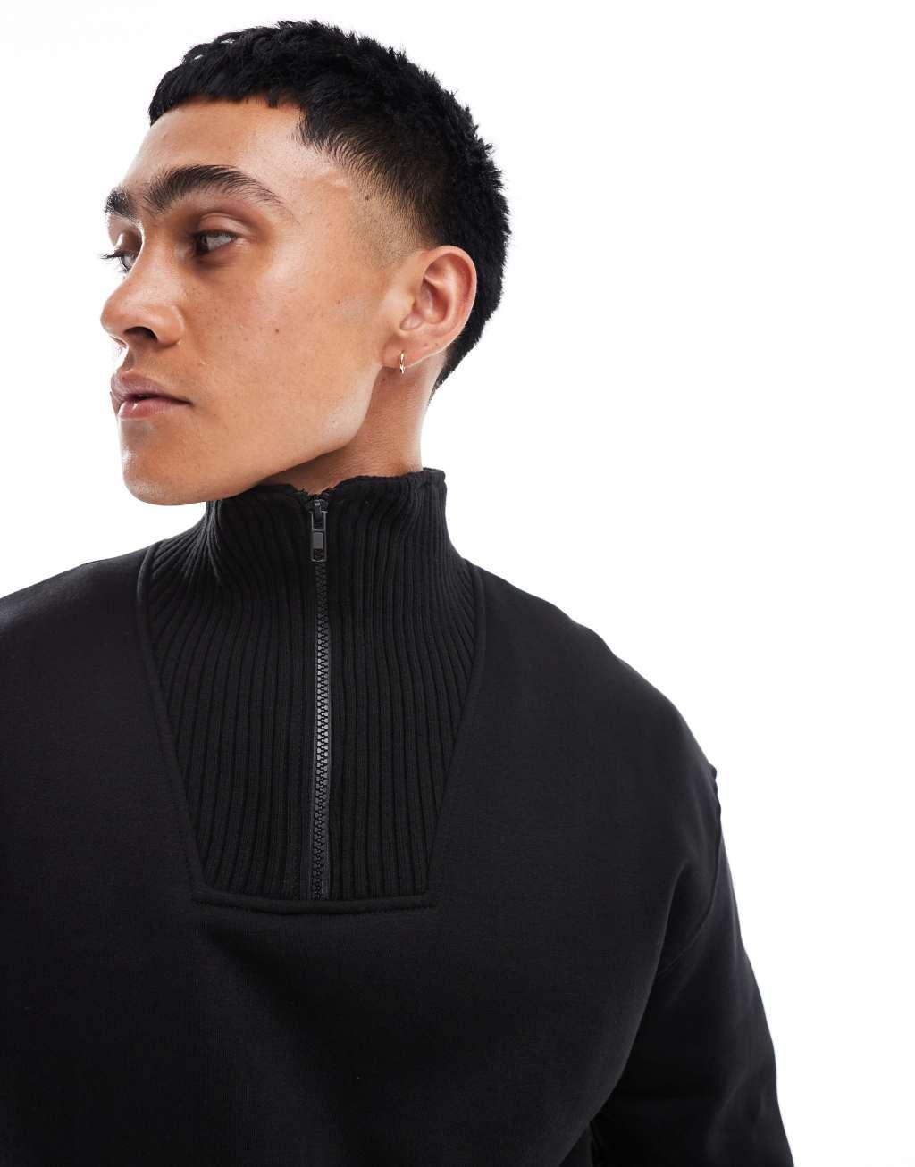 Bershka ribbed neck 1/4 zip sweater in black Product Image