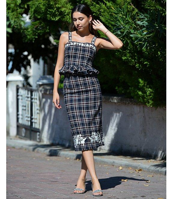 Fanm Mon Tweed Floral Embroidered Square Neckline Tank Strap Peplum Coordinating Top Product Image