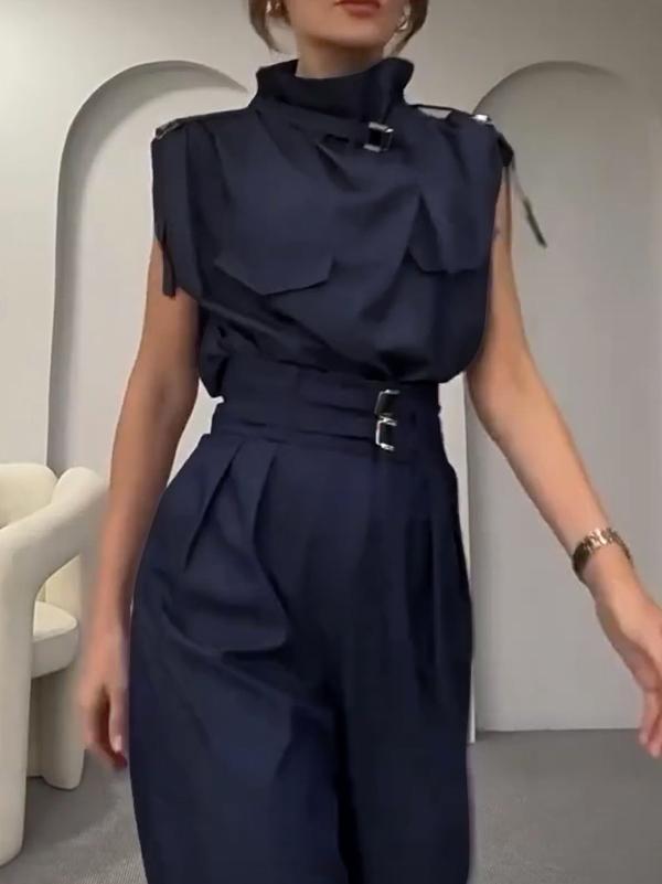 Loose Sleeveless Buckle Solid Color Stand Collar Blouses&Shirts Tops Product Image