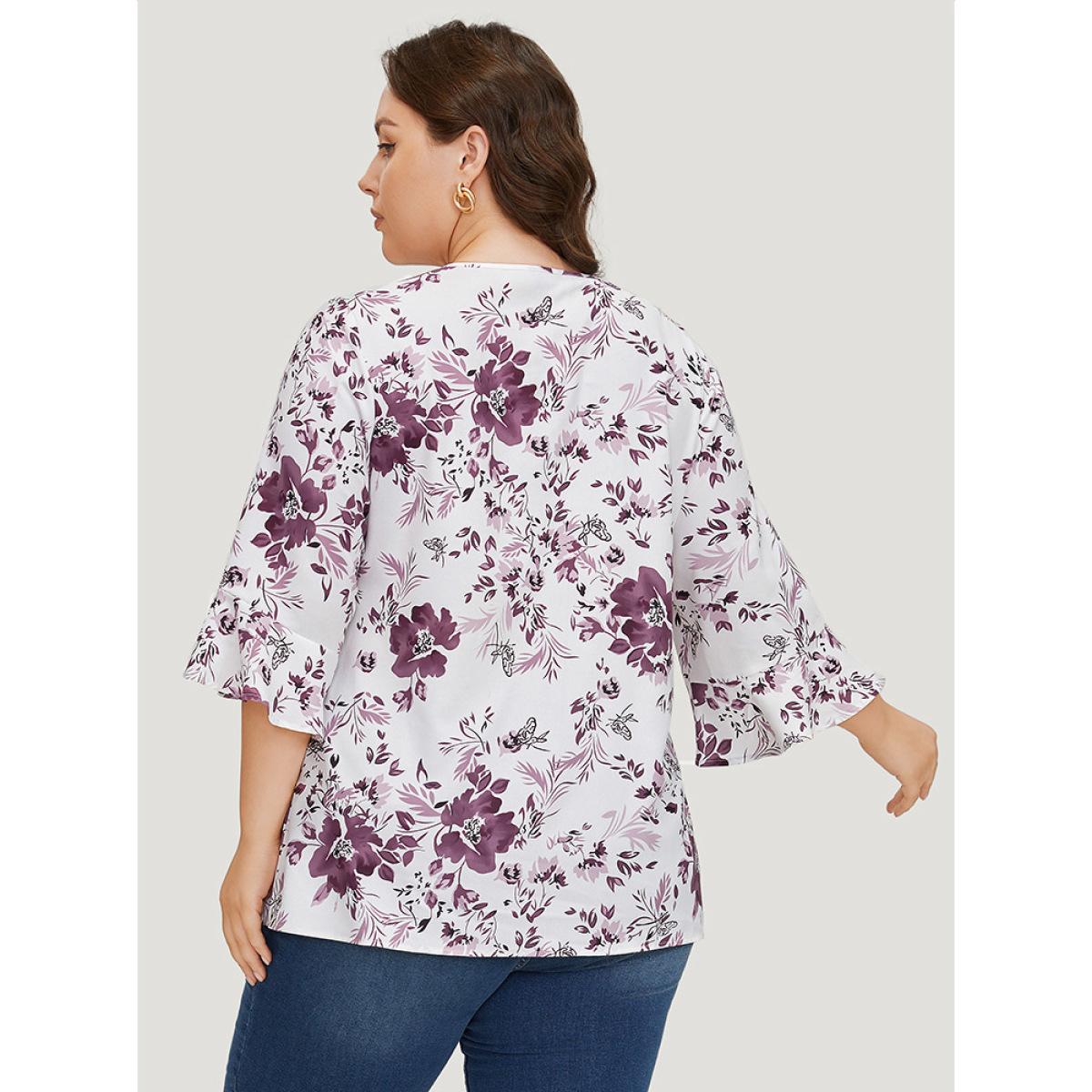 Plus Size Multicolor Floral Print Bell Sleeve Crew Neck Blouse Women Elegant Elbow-length sleeve Round Neck Dailywear Blouses BloomChic 10/M Product Image