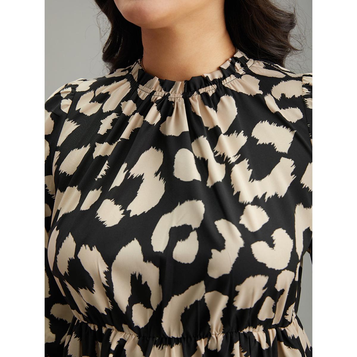 Plus Size Geometric Mock Neck Elastic Waist Pleated Dress DarkBrown Women Office Elastic cuffs Mock Neck Elbow-length sleeve Curvy Midi Dress BloomChic 30/6X Product Image