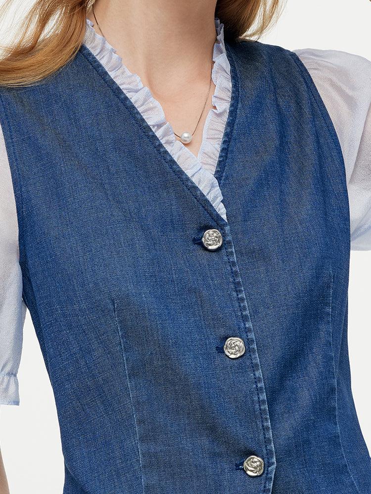 Denim Lyocell Patchwork Crop Jacket And Skirt Two-Piece Set Product Image