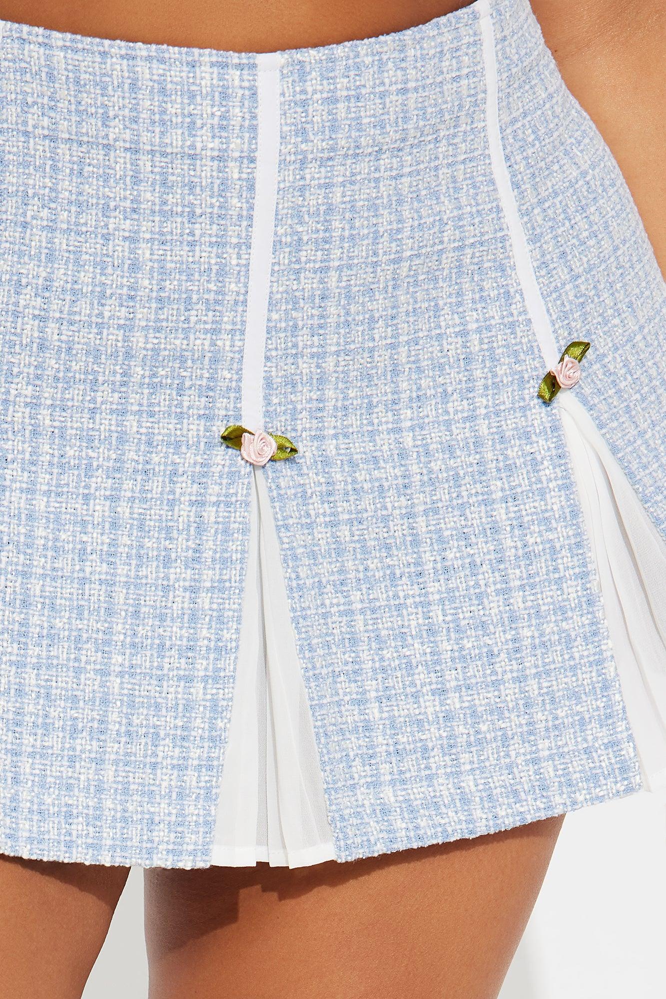 Let's Have Tea Tweed Pleated Mini A-Line Skirt - Light Blue Female Product Image