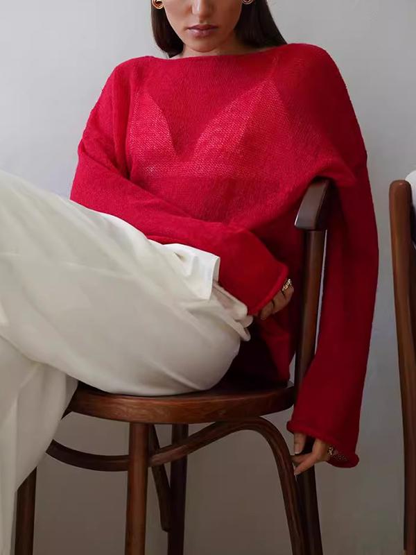 Long Sleeves Loose See-Through Solid Color Split-Joint Round-Neck Sweater Tops Product Image