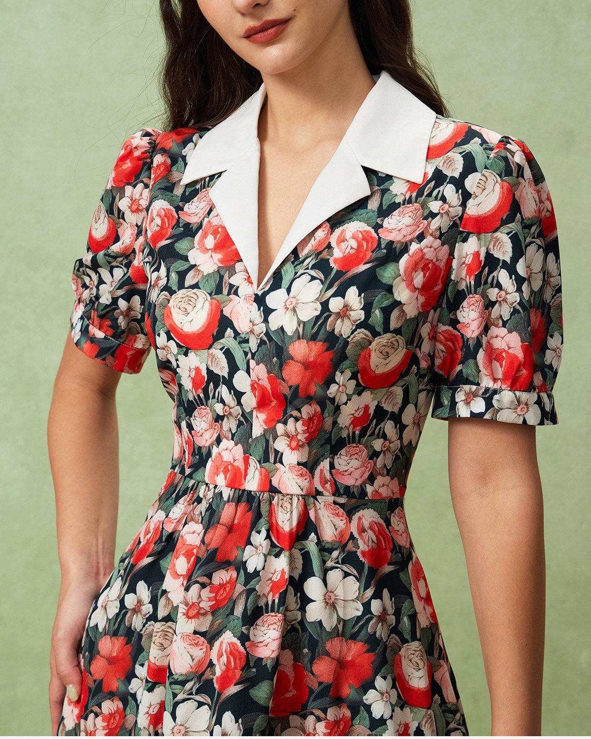 Black Floral Contrast Midi Dress Product Image