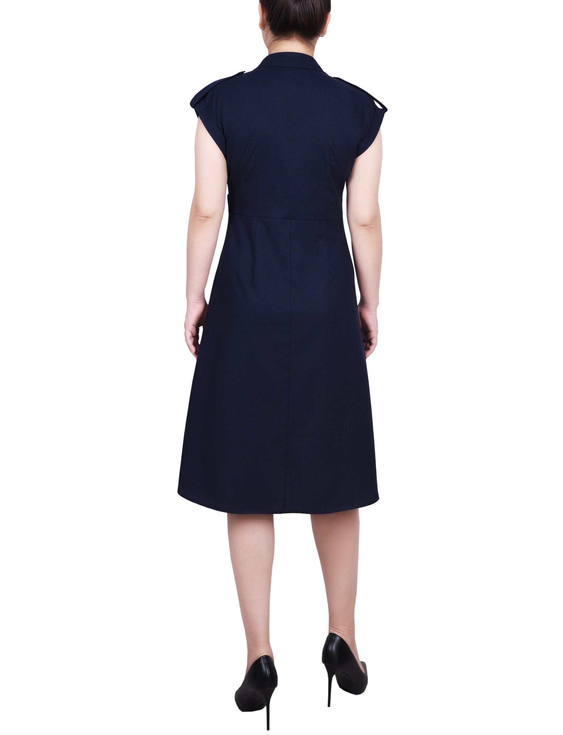 Navy Short Sleeve Button Front Linen Dress Product Image