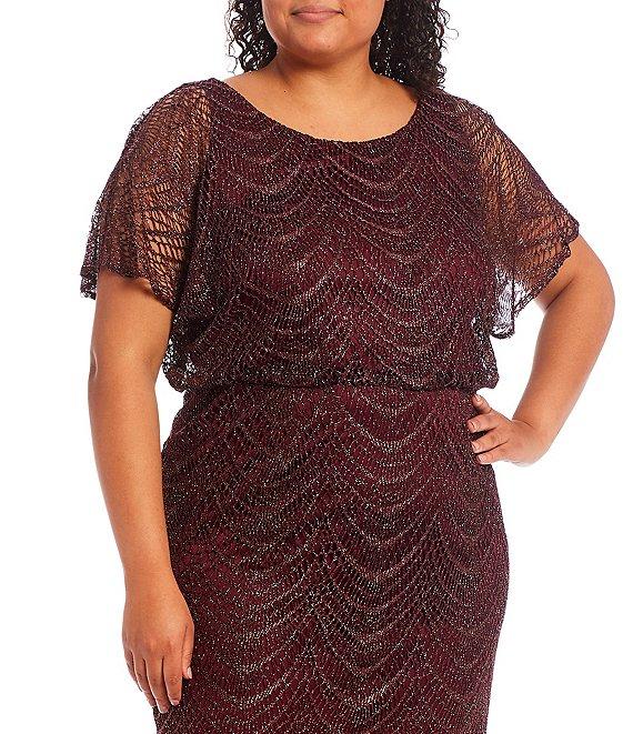 Ignite Evenings Plus Size Round Neck Short Sleeve Scallop Fringe Blouson Midi Dress Product Image