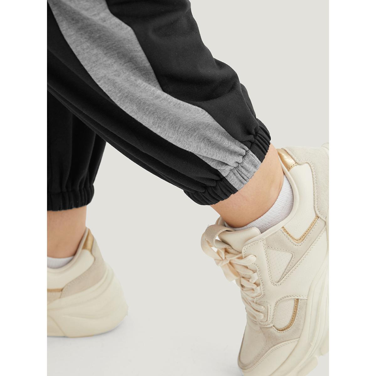 Patchwork Contrast Drawstring Sweatpant Black Plus Size Women Casual Dailywear Contrast 22-24/3X Bloomchic Product Image