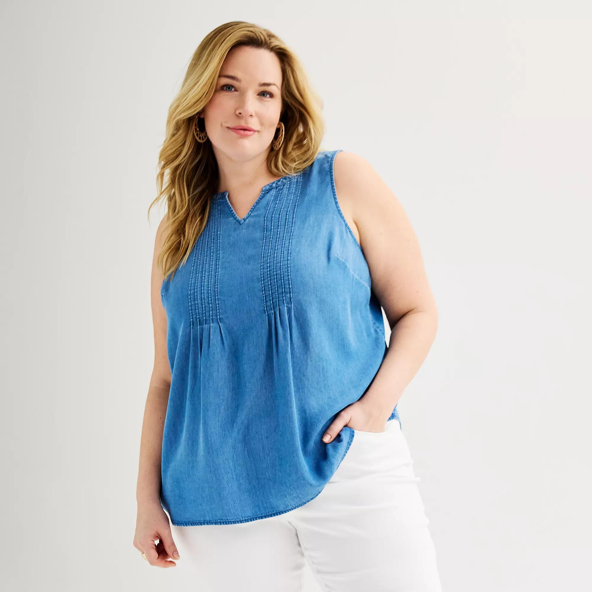 Plus Size Croft & Barrow® Pintuck Sleeveless Shell Top, Women's, Size: 1XL, Light Blue Chambray Product Image