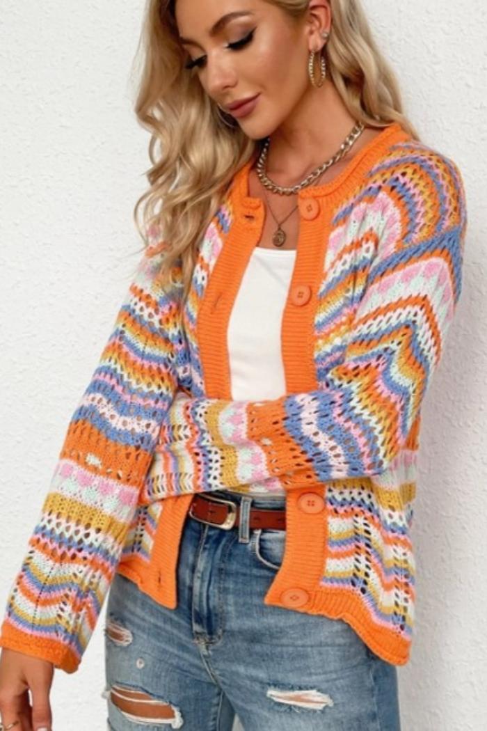 Striped Knit Cardigan Neck Flared Sleeve Button Sweater Product Image