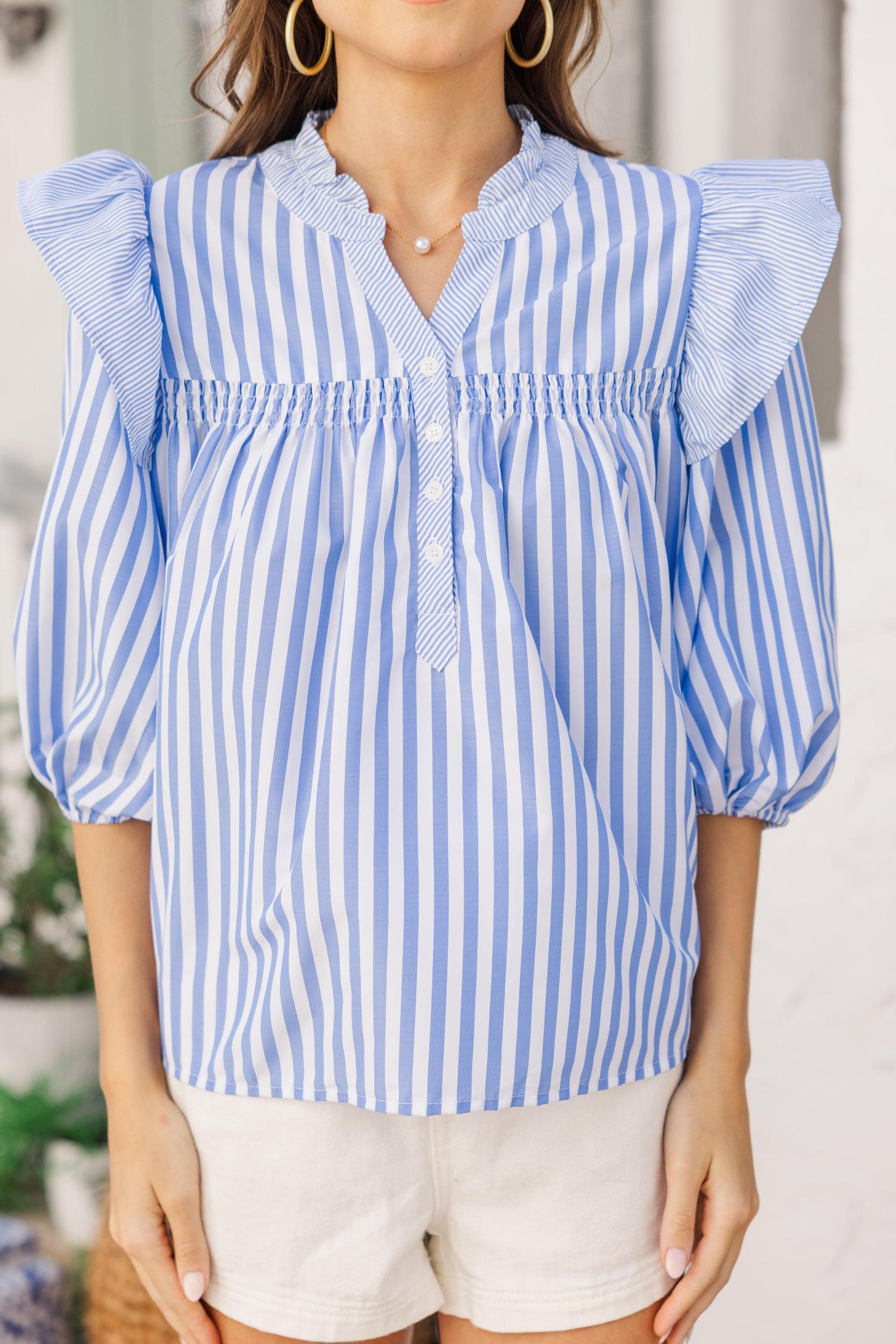 So Honored Blue Striped Blouses Female Product Image