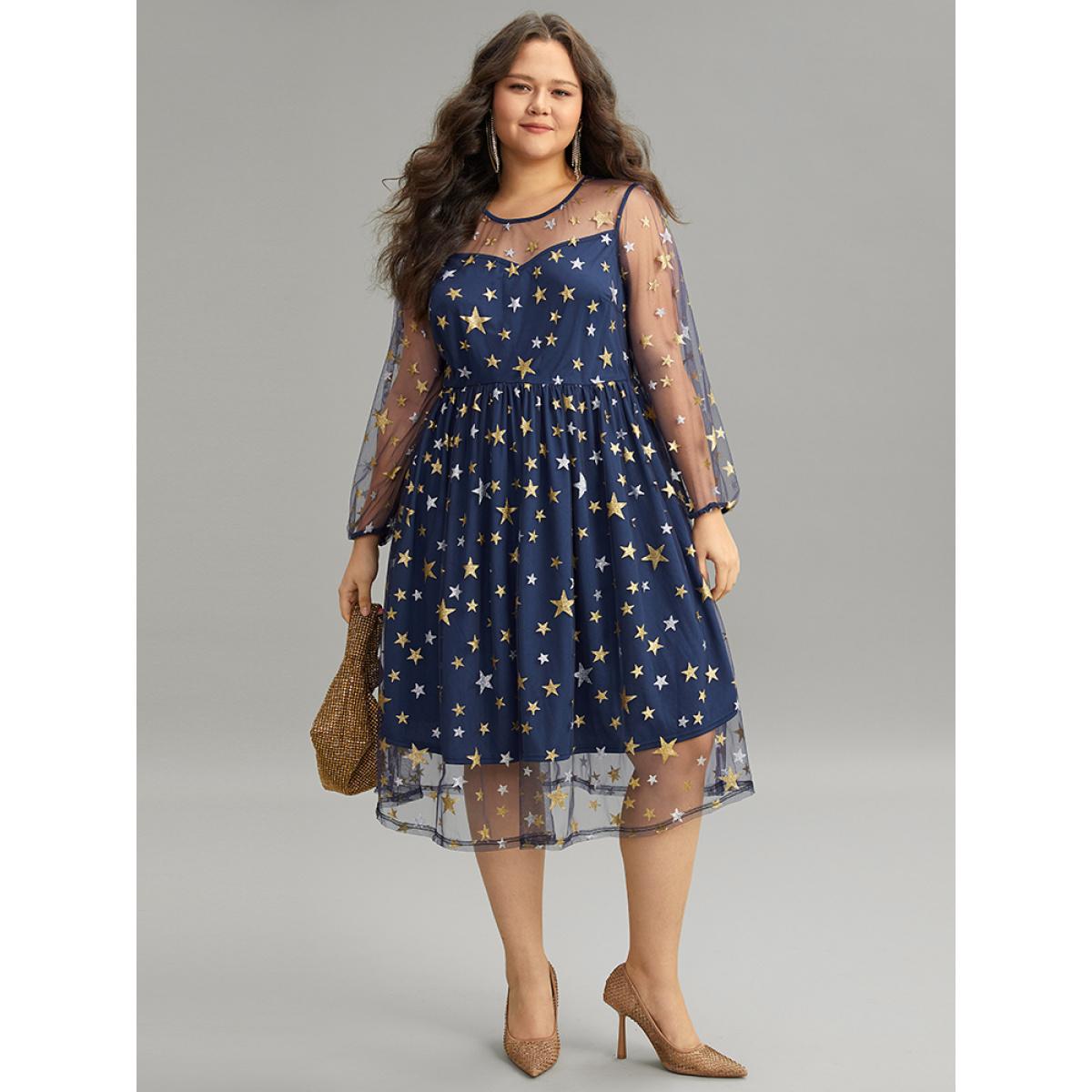 Plus Size Glitter Star Mesh Crew Neck Dress DarkBlue Women Cocktail Elastic cuffs Round Neck Long Sleeve Curvy Midi Dress BloomChic 18-20/2X Product Image