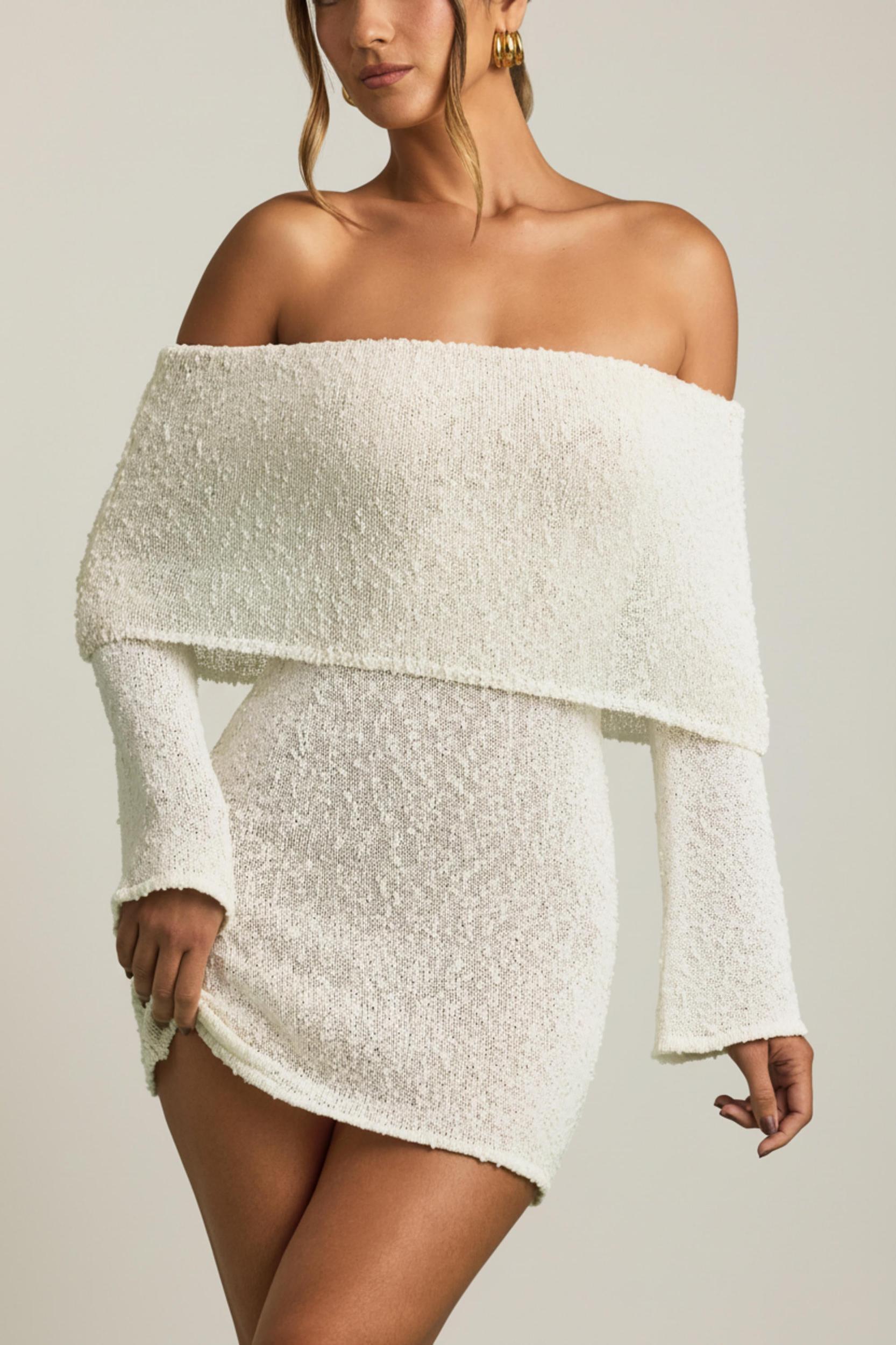 Bouclé Off-Shoulder Mini Dress in White Product Image